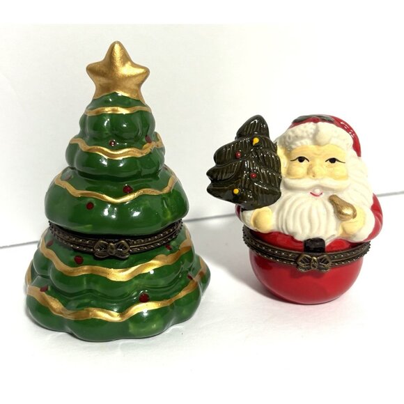 2 Trinket Boxes Christmas Tree with Red Gift Santa with Nutcracker Box w Lids - Picture 1 of 6